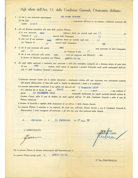 1937 - REALE MUTUA DI ASSICURAZIONI SOC. - INCENDIO - SALUZZO