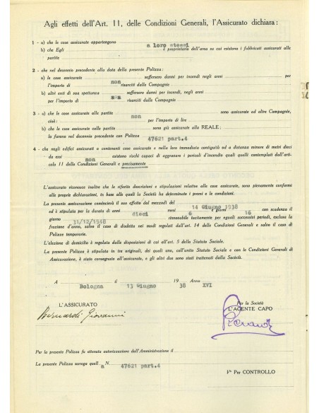 1938 - REALE MUTUA DI ASSICURAZIONI SOC. - INCENDIO - BOLOGNA