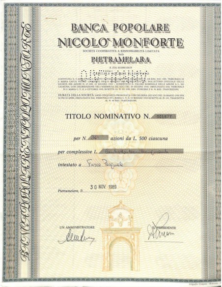 BANCA POP. NICOLO' MONFORTE - AZIONI PIETRAMELARA 1989