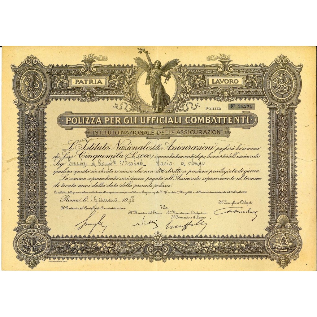 1918 - ISTITUTO NAZIONALE DELLE ASSICURAZIONI -...