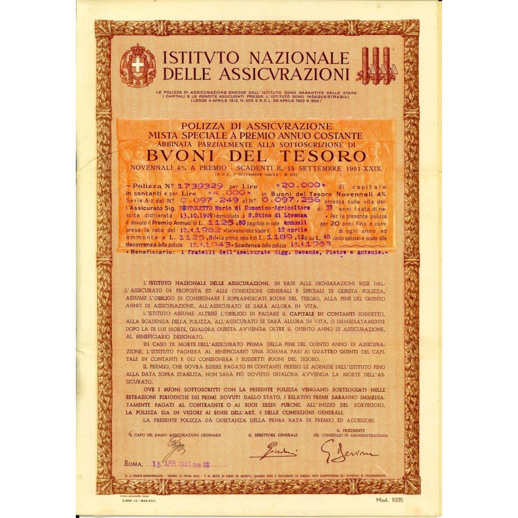 1943 - ISTITUTO NAZIONALE DELLE ASSICURAZIONI -...