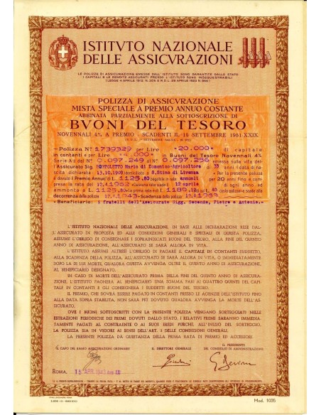 1943 - ISTITUTO NAZIONALE DELLE ASSICURAZIONI - MISTA SPECIALE - VENEZIA