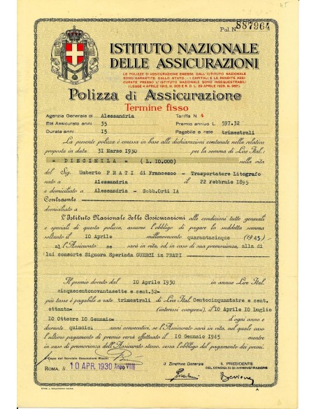 1930 - ISTITUTO NAZIONALE DELLE ASSICURAZIONI - VITA - ALESSANDRIA