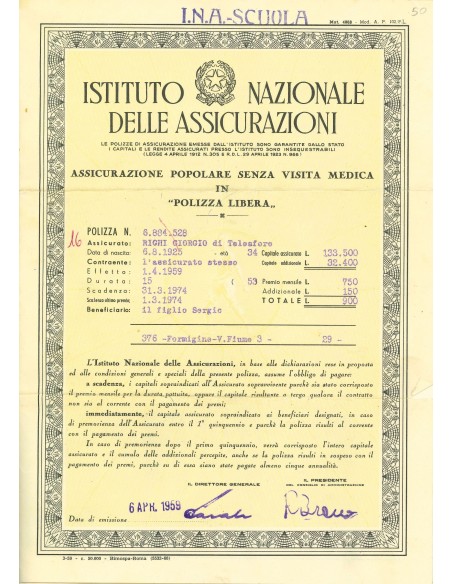 1959 - ISTITUTO NAZIONALE DELLE ASSICURAZIONI - POPOLARE - FORMIGINE