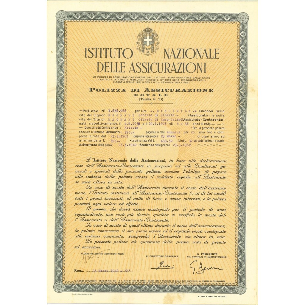 1942 - ISTITUTO NAZIONALE DELLE ASSICURAZIONI -...