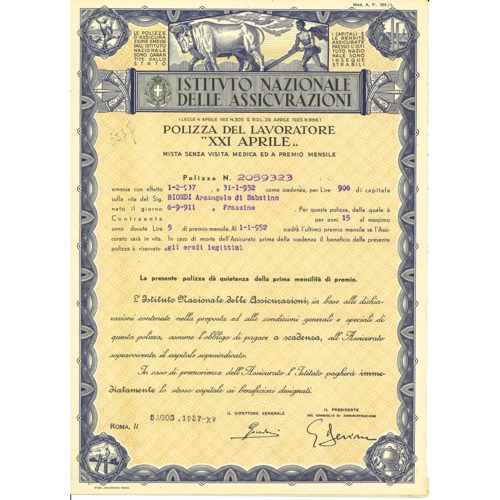 1937 - ISTITUTO NAZIONALE DELLE ASSICURAZIONI -...