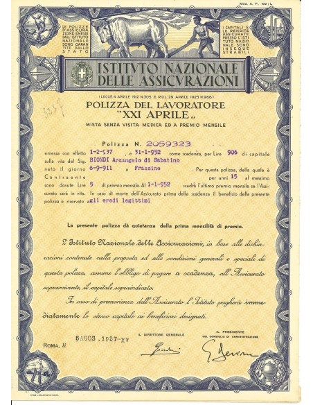 1937 - ISTITUTO NAZIONALE DELLE ASSICURAZIONI - MISTA - ROMA