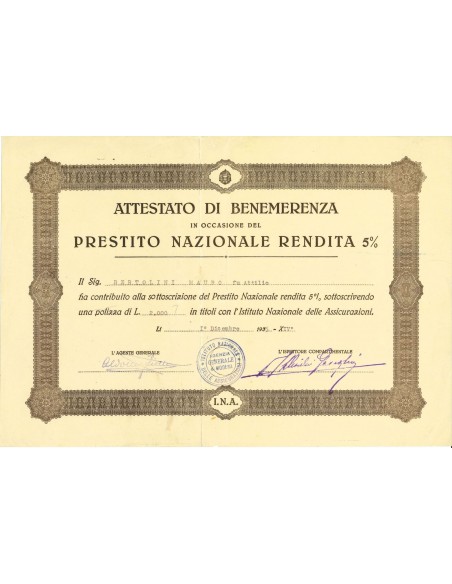 1935 - ISTITUTO NAZIONALE DELLE ASSICURAZIONI - ATTESTATO DI BENEMERENZA - MODENA