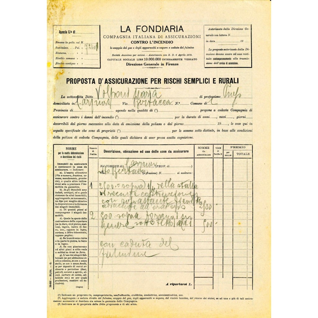 1920 - LA FONDIARIA - INCENDIO - PROPOSTA...
