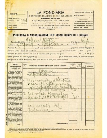 1920 - LA FONDIARIA - INCENDIO - PROPOSTA D'ASSICURAZIONE