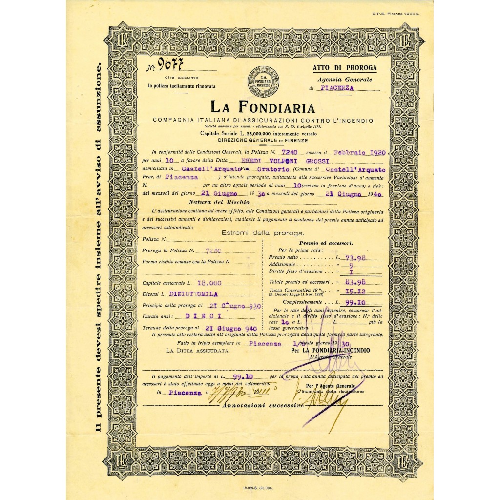 1930 - LA FONDIARIA - INCENDIO - PIACENZA