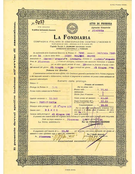 1930 - LA FONDIARIA - INCENDIO - PIACENZA