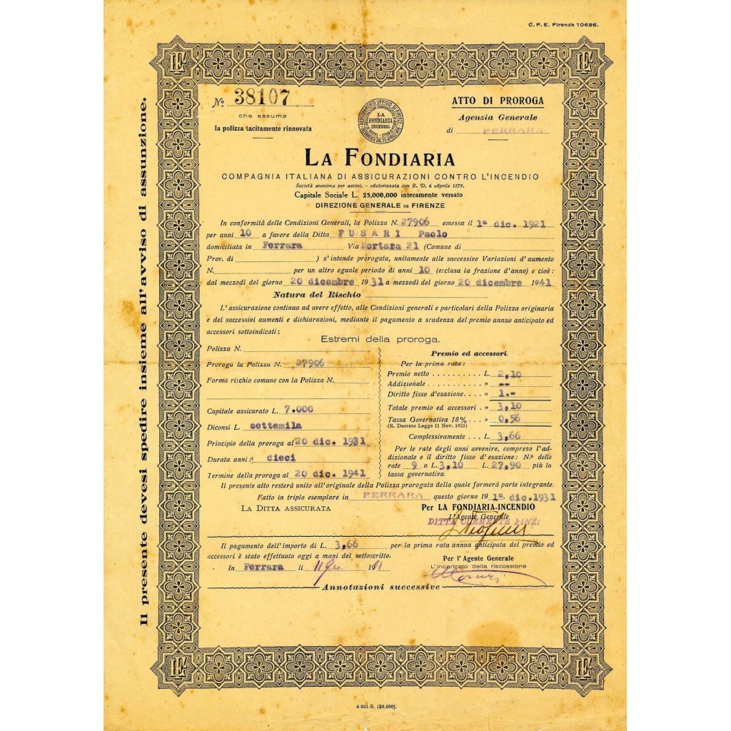 1931 - LA FONDIARIA - INCENDIO - FERRARA