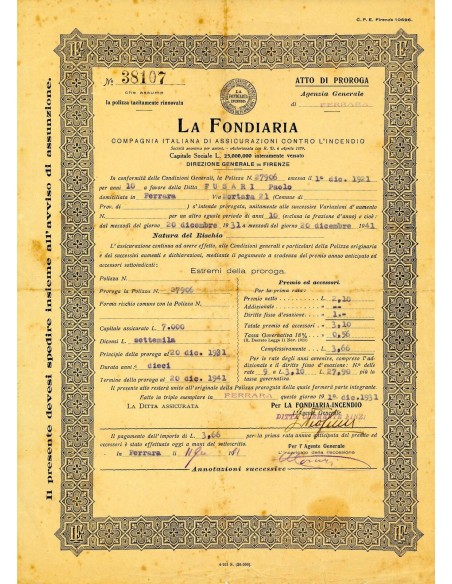 1931 - LA FONDIARIA - INCENDIO - FERRARA