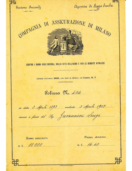 1893 - COMPAGNIA DI ASSICURAZIONE DI MILANO - INCENDIO - REGGIO EMILIA