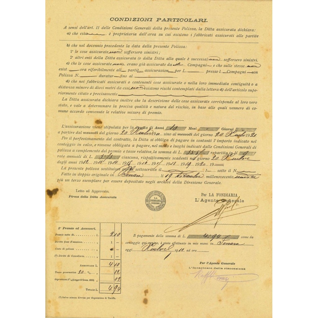 1911 - LA FONDIARIA - INCENDIO - FERRARA