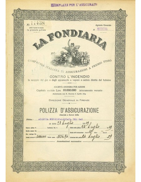 1919 - LA FONDIARIA - INCENDIO - MODENA