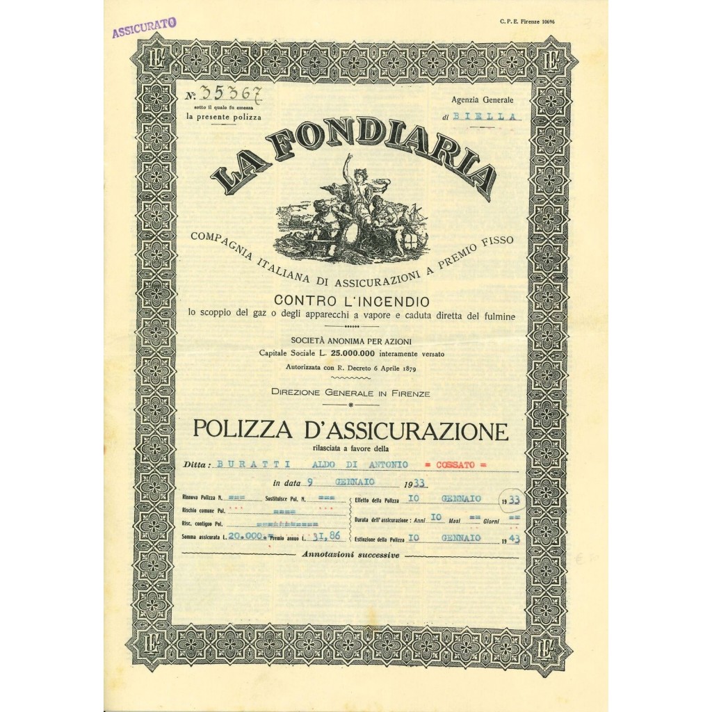 1933 - LA FONDIARIA - INCENDIO - BIELLA