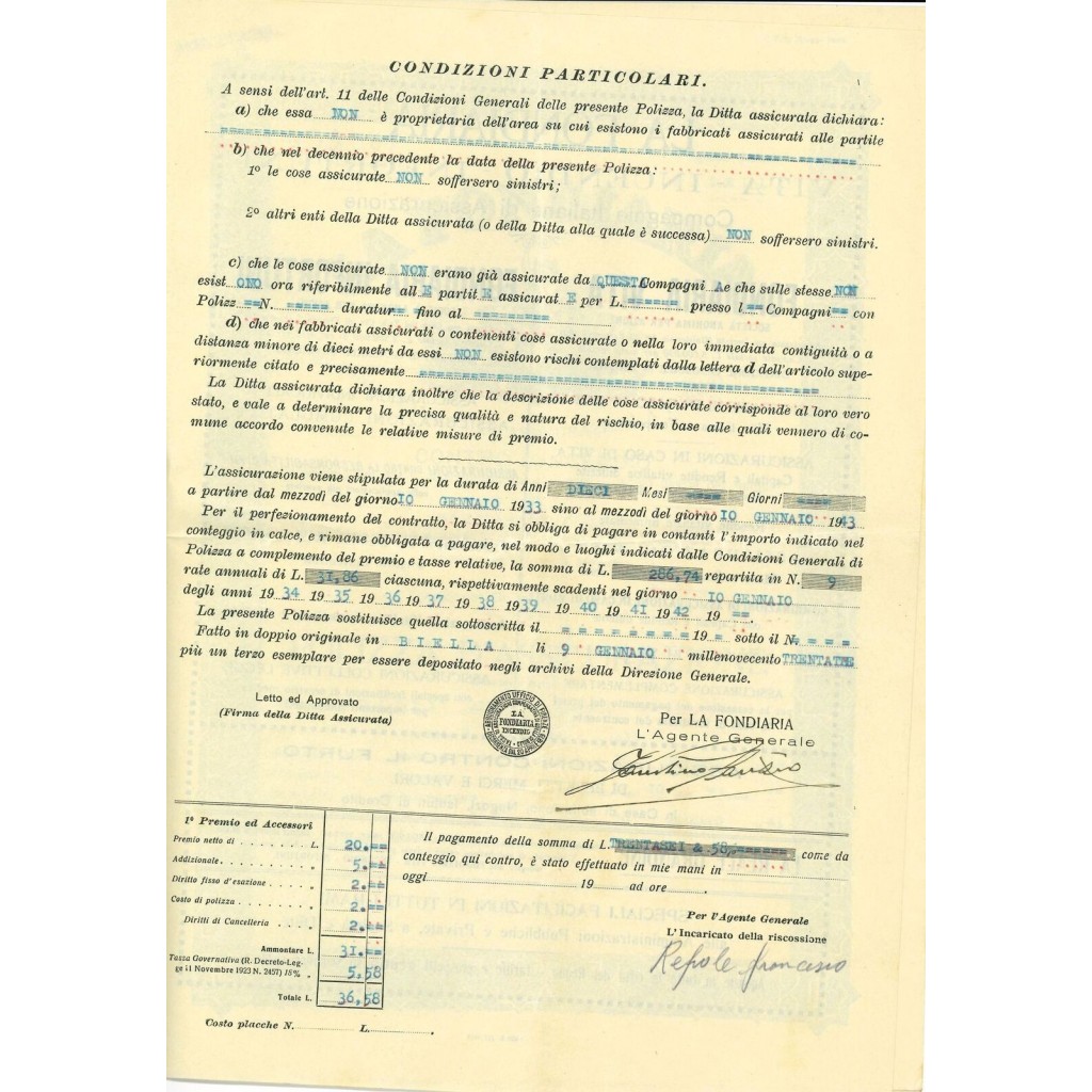 1933 - LA FONDIARIA - INCENDIO - BIELLA