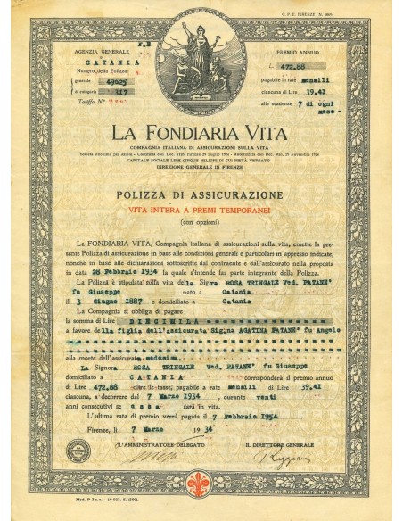 1934 - LA FONDIARIA VITA - VITA INTERA - CATANIA