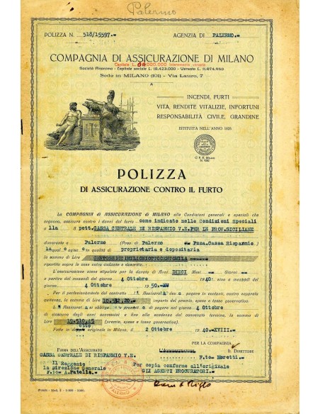 1940 - COMPAGNIA DI ASSICURAZIONE DI MILANO - FURTO - PALERMO