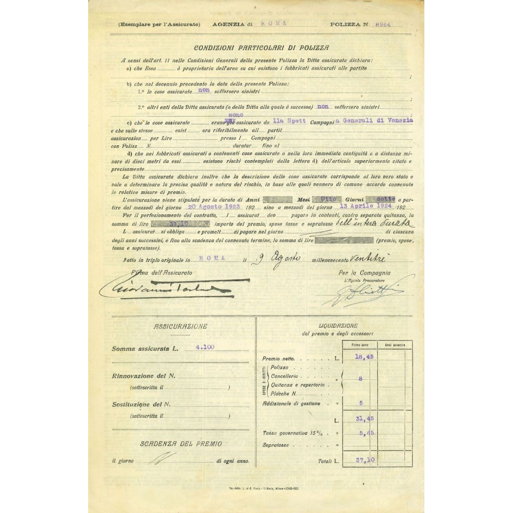 1923 - COMPAGNIA DI ASSICURAZIONE DI MILANO -...