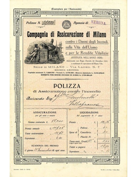 1919 - COMPAGNIA DI ASSICURAZIONE DI MILANO - INCENDIO - VERONA