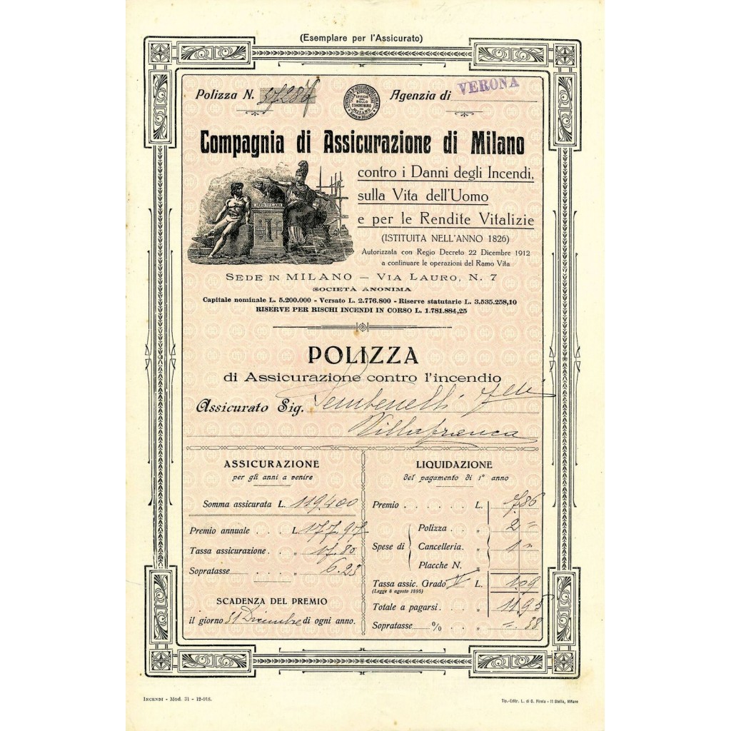 1919 - COMPAGNIA DI ASSICURAZIONE DI MILANO -...