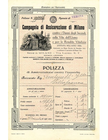 1919 - COMPAGNIA DI ASSICURAZIONE DI MILANO - INCENDIO - VERONA