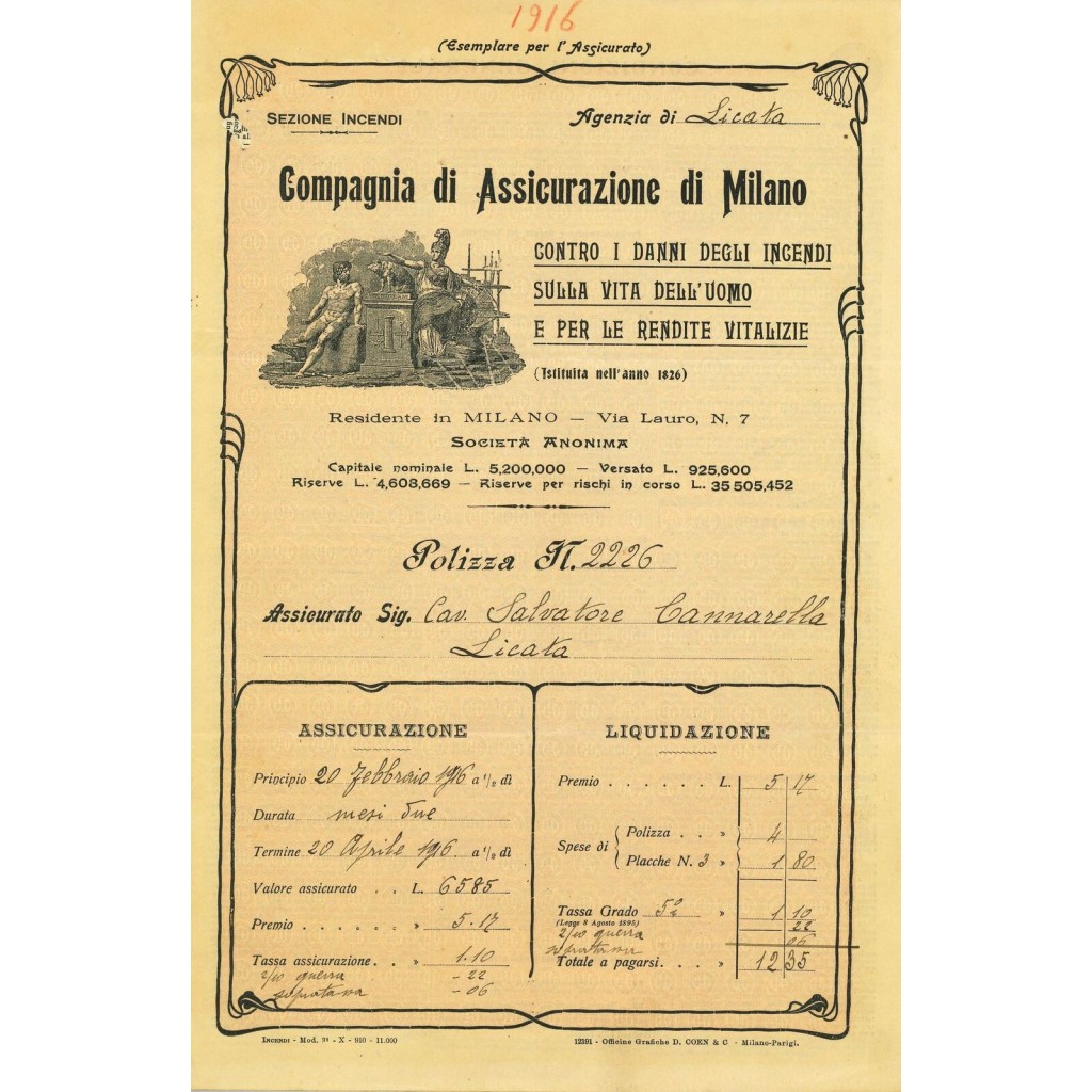 1916 - COMPAGNIA DI ASSICURAZIONE DI MILANO -...