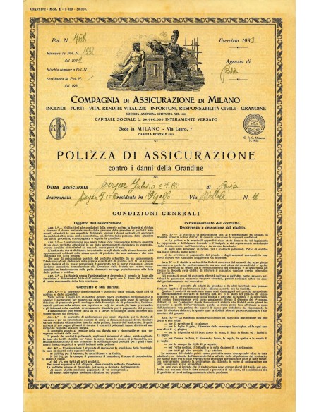 1933 - COMPAGNIA DI ASSICURAZIONE DI MILANO - GRANDINE - PAVIA
