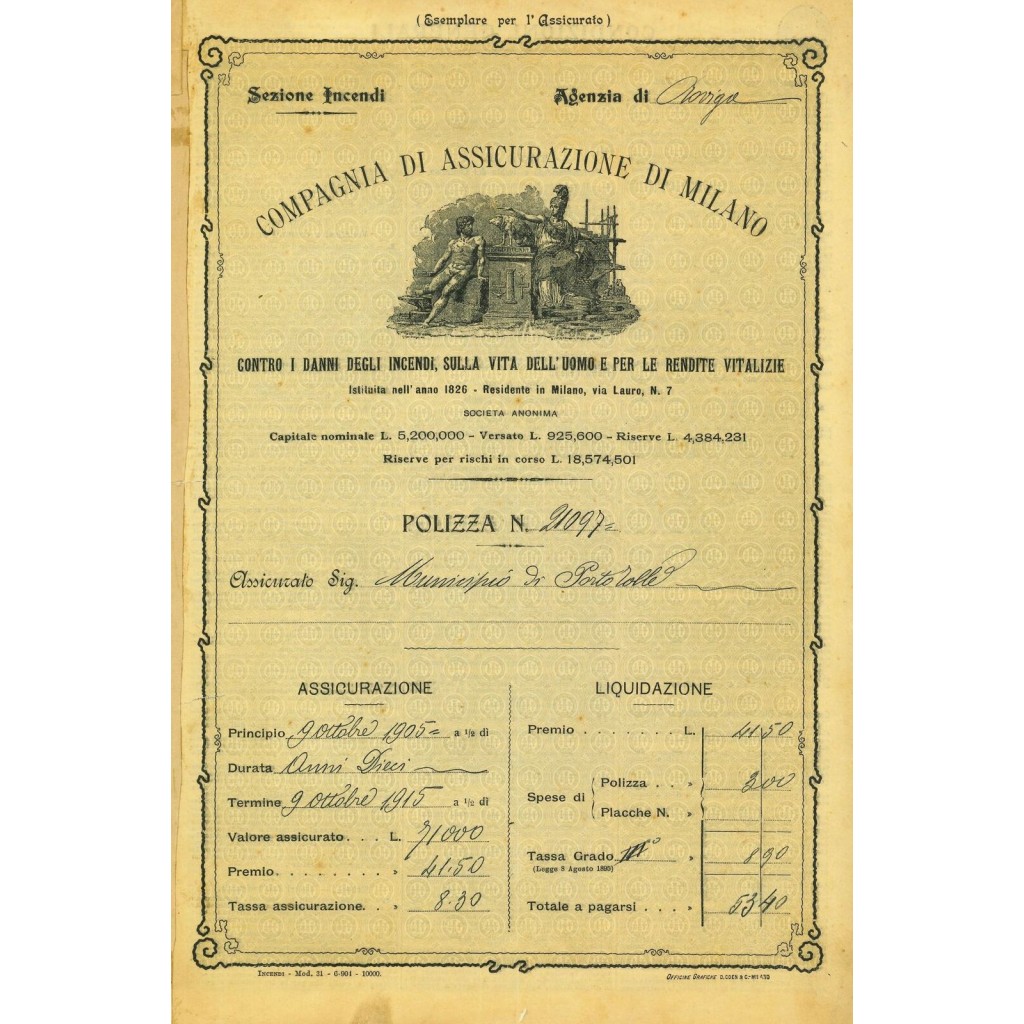 1905 - COMPAGNIA DI ASSICURAZIONE DI MILANO -...