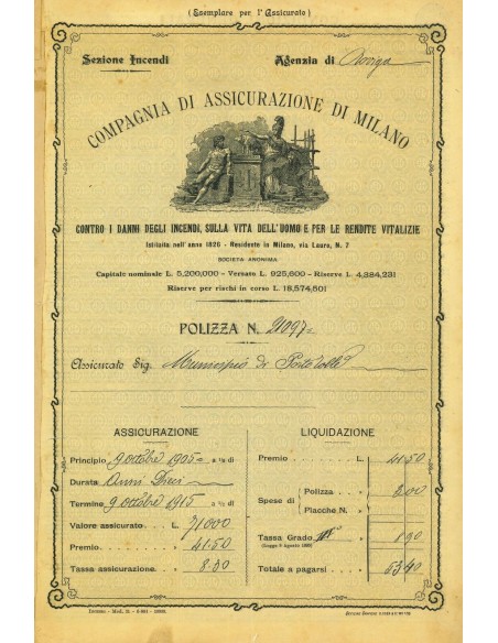 1905 - COMPAGNIA DI ASSICURAZIONE DI MILANO - INCENDIO - ROVIGO