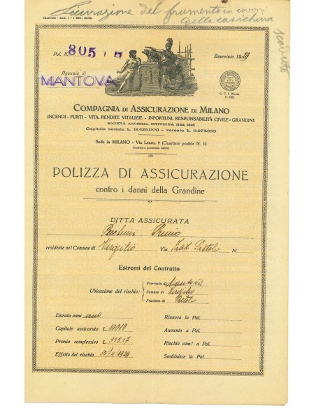 1929 - COMPAGNIA DI ASSICURAZIONE DI MILANO - GRANDINE - MANTOVA