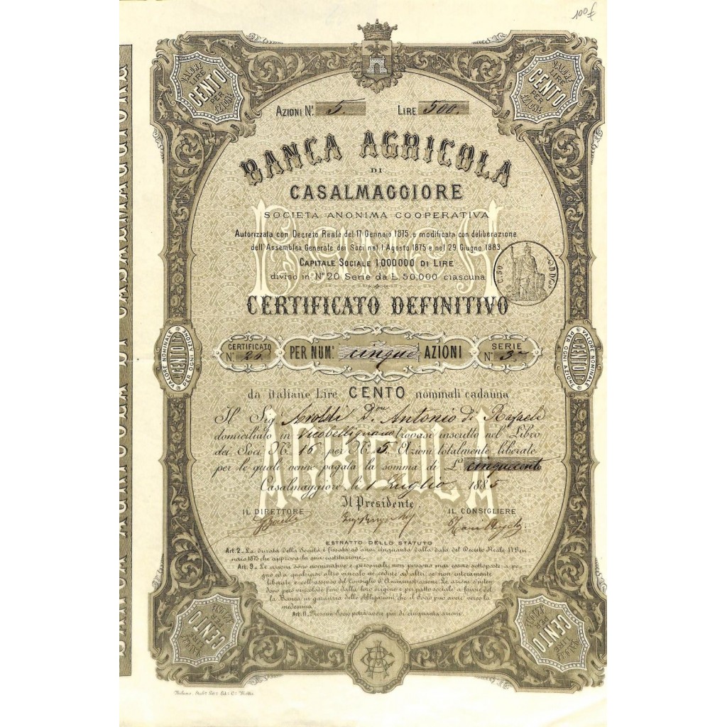BANCA AGRICOLA DI CASALMAGGIORE - 5 AZIONI 1885
