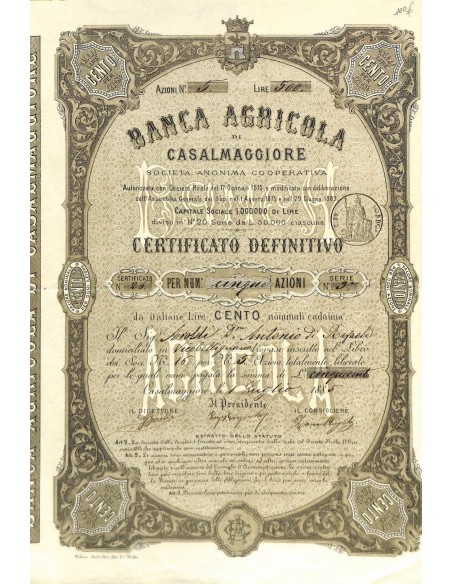 BANCA AGRICOLA DI CASALMAGGIORE - 5 AZIONI 1885