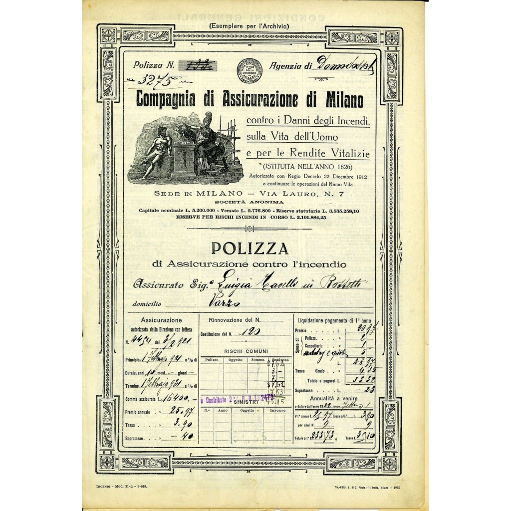 1921 - COMPAGNIA DI ASSICURAZIONE DI MILANO -...