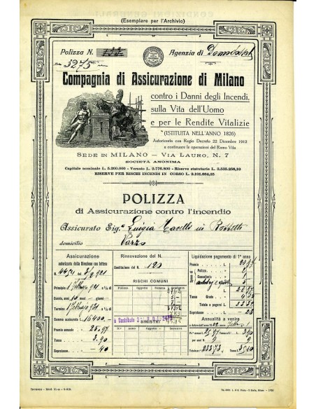 1921 - COMPAGNIA DI ASSICURAZIONE DI MILANO - INCENDIO - DOMODOSSOLA