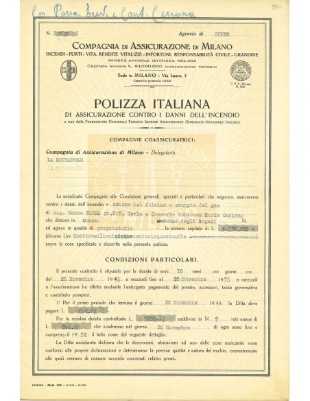 1943 - COMPAGNIA DI ASSICURAZIONE DI MILANO - INCENDIO - CUNEO