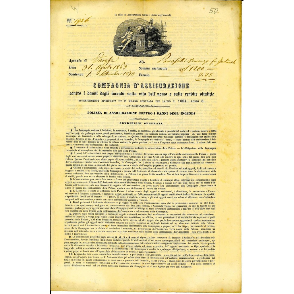 1863 - COMPAGNIA D'ASSICURAZIONE - INCENDIO -...