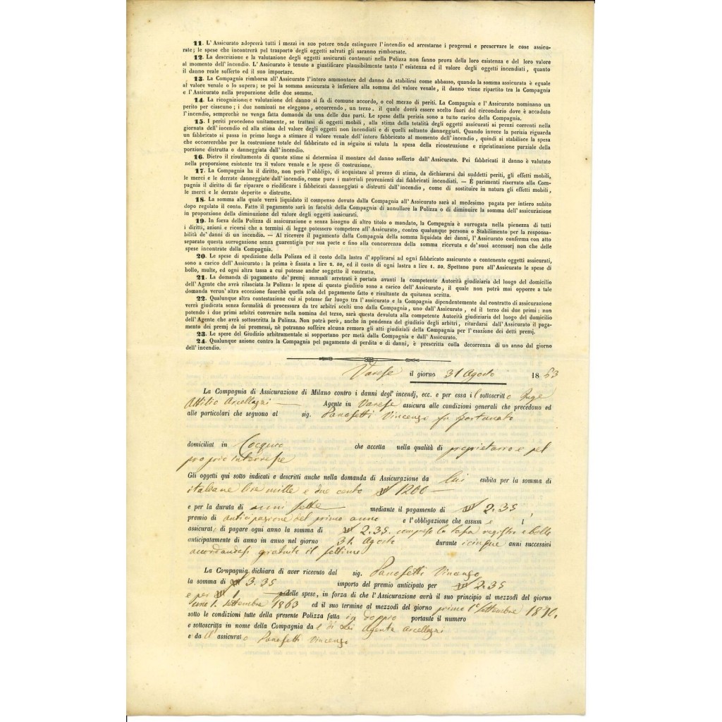 1863 - COMPAGNIA D'ASSICURAZIONE - INCENDIO -...