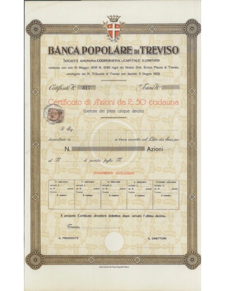 BANCA POPOLARE DI TREVISO - AZIONI 1908
