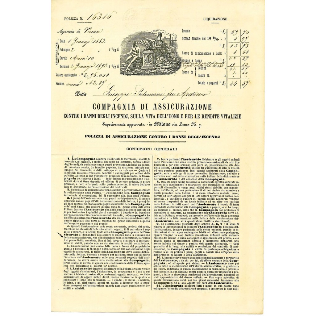 1882 - COMPAGNIA D'ASSICURAZIONE - INCENDIO -...
