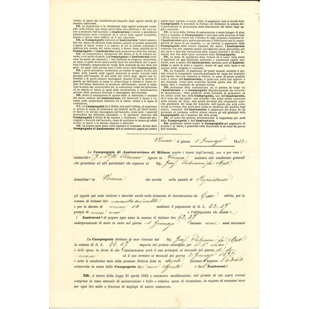 1882 - COMPAGNIA D'ASSICURAZIONE - INCENDIO -...