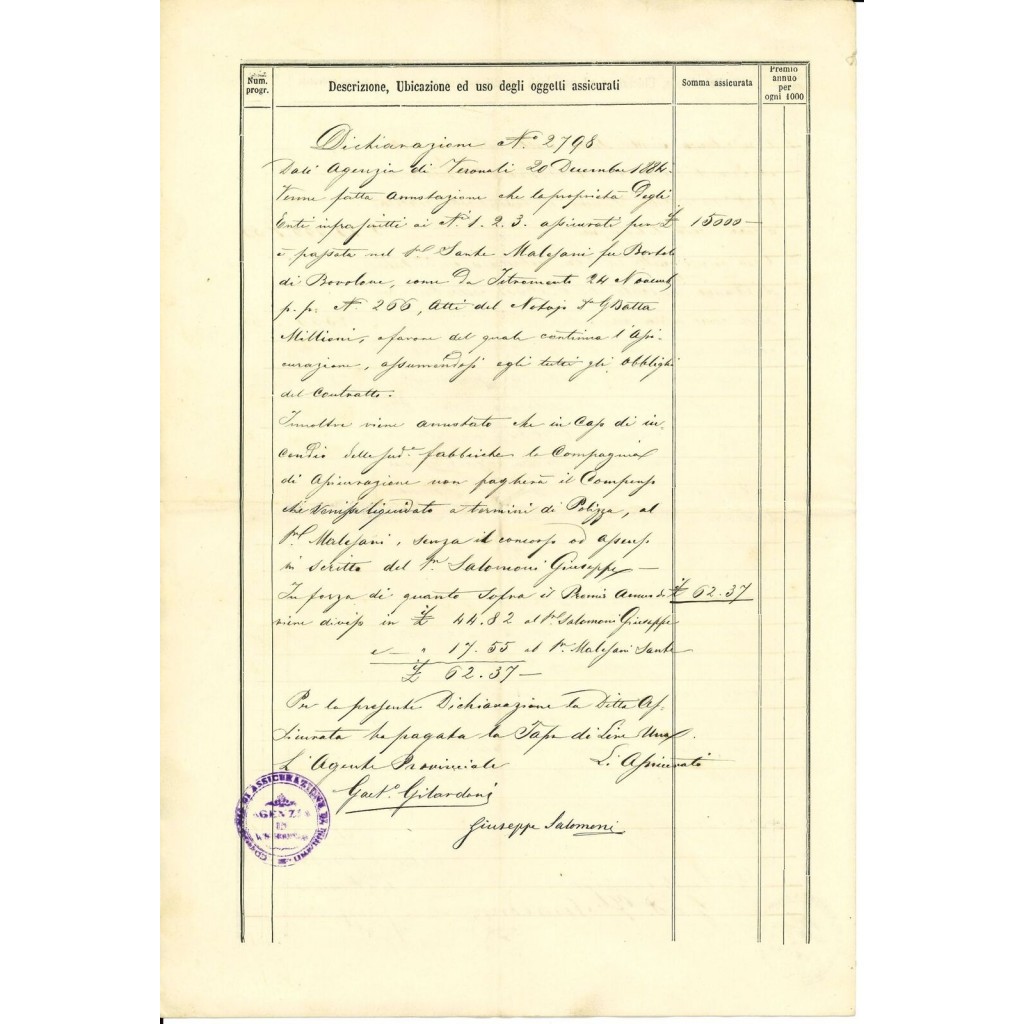 1882 - COMPAGNIA D'ASSICURAZIONE - INCENDIO -...