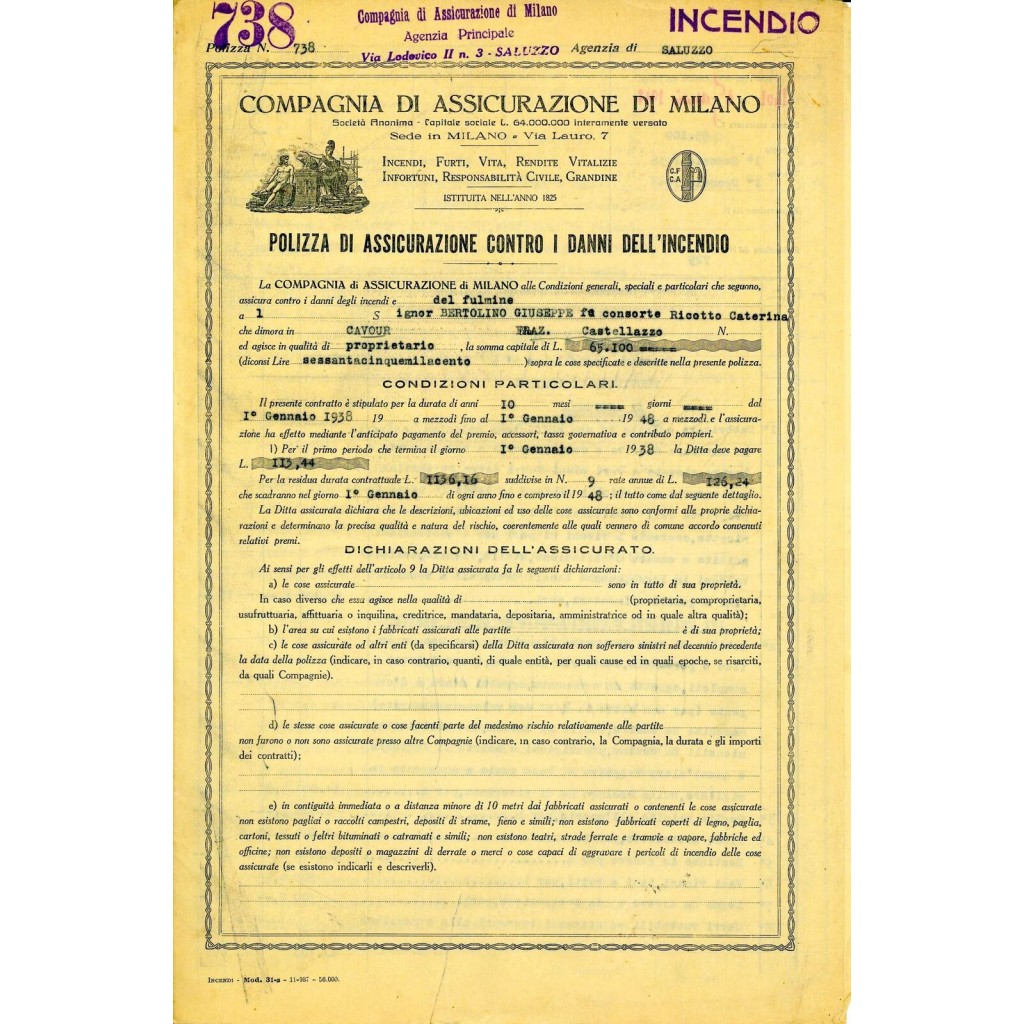 1938 - COMPAGNIA DI ASSICURAZIONE DI MILANO - INCENDIO - SALUZZO