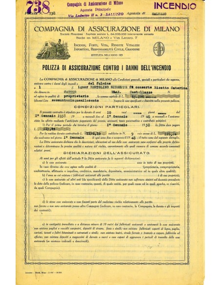 1938 - COMPAGNIA DI ASSICURAZIONE DI MILANO - INCENDIO - SALUZZO