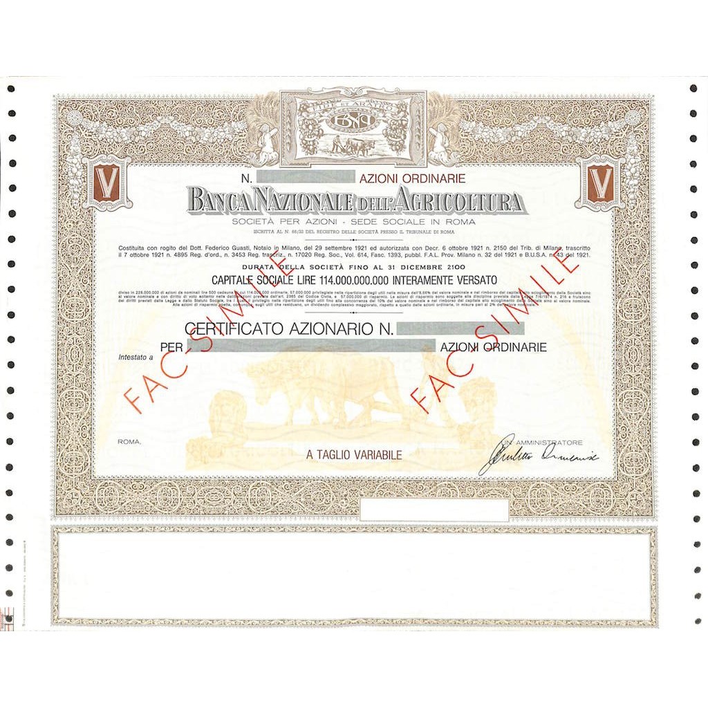 BANCA NAZIONALE DELL'AGRICOLTURA - AZIONI - ROMA 1921