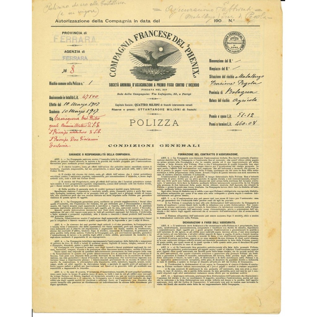 1907 - COMPAGNIA FRANCESE DEL PHENIX - INCENDIO...