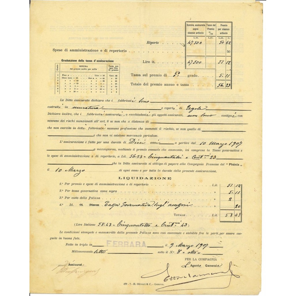 1907 - COMPAGNIA FRANCESE DEL PHENIX - INCENDIO...